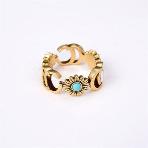 Liga dupla simples anéis de letra g para mulheres clássicas margarida flores turquesa pedra masculina designer de joias diamante anéis de luxo beleza natural delicado ZB038 E23