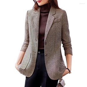 Kadın Suit Kahve Pulları Blazer Kadınlar Sonbahar Kış 2023 Mizaç Yüksek Son Gündelik Kalın Ceket Ofis Bayanlar İş Mağazası Gri
