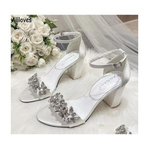 Düğün Ayakkabı Kristalleri Kadın Beyaz Chuncky Topuk Açık Ayak Parmağı Basit Zarif Saten Yaz Sandaletleri Gelin Cl0268 Damla Teslimat DH5YT