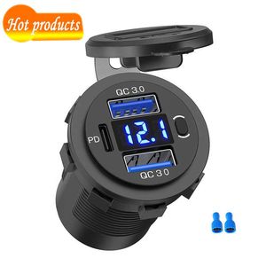 New Three Port 12V/24V USB Charger Socket Dual 18W Quick Charge 3.0 20W PD USB-C For Car Motorcycle With Voltmeter and Power Switch