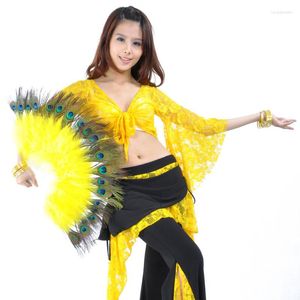 Sahne Giyim 1 PCS/SET Performans Mülkiyet Dans Fanları 68x35cm Kadın Tavuskuşu Tüy Göbek Fan Peçe 10 Renkler