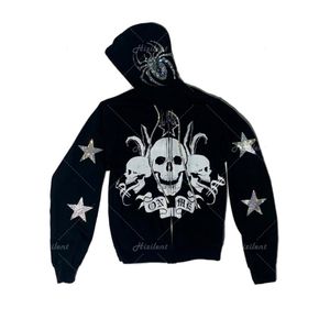 Kadınlar Rhinestone Örümcek Kafatası Baskı Sokak Giyim Büyük Boy Hoodies Kadın Ceket Ceket Goth Harajuku Y2K Giysileri Grunge Zip Hoodies