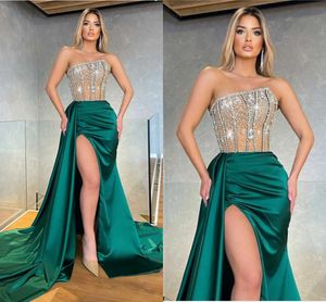 Sexy Mermaid Prom Dresses Long for Women See Through Sequined Beadings High Side Split Strapless Formal Wear Special Occasion Birthday Pageant Evening Gowns