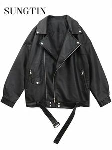 Kadın Ceket Sungtin Kadın Gevşek Pu Deri Ceket Siyah Yumuşak Sahte Deri Deri Sokak Moto Biker Deri Ceket Ceket Leydi Günlük Outerwear 230309