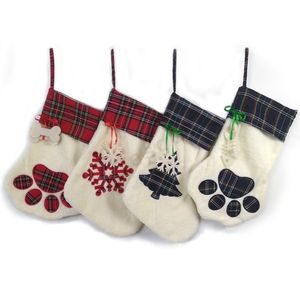 Santa Candy Hediye Çantası Büyük Noel Çorap Evcil Köpek Ekose Pençe Santa Çorap Kar Tanesi Noel Ağacı Desen Noel Dekorasyon