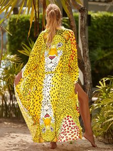 Fato de banho feminino Cover Ups Women Yellow Leopard Beach Kimono Holiday Cape Pareo 2023 Maiô Drop