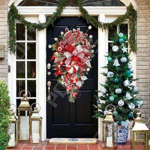 Dekoratif Çiçekler Noel Şeker Çelenk Yapay Bitki Ön Kapı Duvar Süslemeleri Asılı Süs Kırmızı Çelenk Ev Dekorasyonu 2023