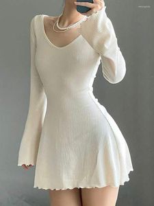 Vestidos casuais tricô vestido elegante para mulheres na primavera outono cor sólido v pesco