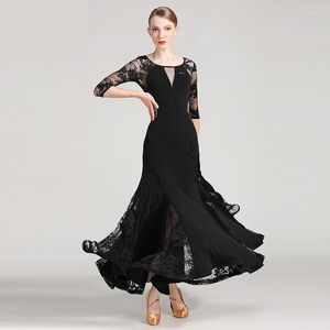 Sahne Giyim 2023 Siyah Standart Balo Salonu Dans Elbiseleri Dantelli Kollu Flamenko Dans Etek Kadınlar Orta Saltz Elbise