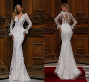 Çarpıcı Tam Dantel Uzun Kollu Gelinlik Seksi Denizkızı Derin V Boyun Backless Apliques Uzun Gelin Gowns Arapça Robes De BC15394