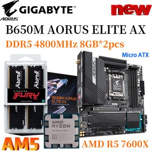 GIGABYTE B650M AORUS ELITE AX AM5 Motherboard AMD Ryzen 5 7600X CPU DDR5 4800MHz 8GB *2pcs RAM Set Combo M.2 Mainboard New