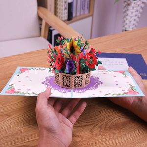 Gift Cards Mothers Day Pop Up Card Birthday Anniversary Gift 3D Flowers Basket Greeting Cards for Mom Wife Z0310