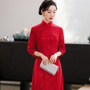 Etnik Giyim Tam Slip Dantel Qipao Elbise Vintage Düğmesi Kadınlar Çin Cheongsam Elbiseler Mandarin Yakası Kırmızı Resmi Parti Elbisesi