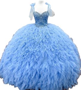 Dramatik fırfır quinceanera elbise 2023 kabarık fransız mavi tatlı 16 balo elbisesi boncuk vestidos de 15 anos bağdaş
