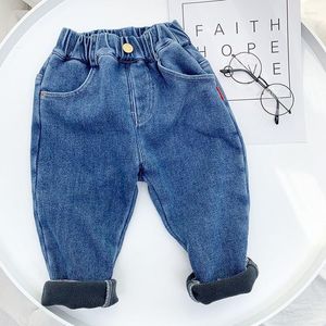 Jeans Kids Clothes Boy Dungarees Casual Solid Color Denim Pants Oversize Toddler Winter Cotton Fleece Thermal Trousers