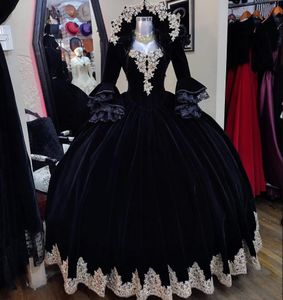 Siyah Velvet Victoria Gotik Balo Elbiseleri Uzun Kollu Ceket Dantel Up Korse Cosplay Cadı Steampunk Vampire Akşam Elbisesi