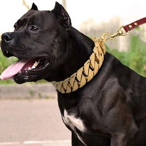 32mm Gold Curb Cuban Chain Pet Collar Bully Large Dog Collar Necklace Leash Customized Stainless Steel Medium Large Pitpull Bulldog Strong Collar Strap