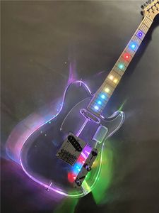 Yüksek kaliteli TL Akrilik Şeffaf Elektro Gitar Işıkları LED Yanıp Sönen Akçaağaç Boyun Krom Donanımı