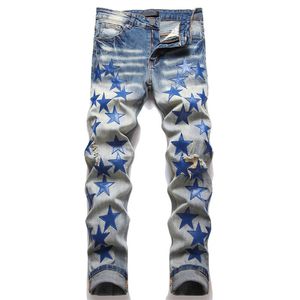 Джинсы Amirsi Mens для мужчин со звездами разорванные голубые апельсиновые начинают вышившие брюки карандаш бикеры алмазные полосы джинсовые джинсы рваные джинсы Мужчины дизайнерские джинсы джинсы