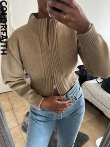 Women's Knits Tees Colorfaith SWC3217JXQ 2023 Zippers Cardigans Knitted Vintage Fashionable Elagant Autunm Winter Sweaters Short Tops 230310