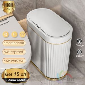 Waste Bins 1215L Trash Can Sensor Automatic Household Trash Bin Bathroom Storage Bucket Toilet Waterproof Narrow Trash Bin Kitchen Garbage 230311