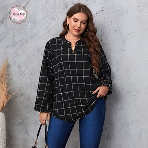 Женские блузкие рубашки Della Mel Plus Blouses Blouses for Women Fashion Grid Print Blouse Blouse Lady V-образной рукава с длинными рукавами свободные элегантные топы 230311