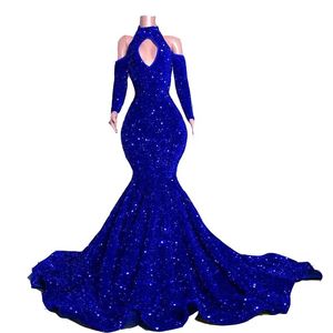 2023 Evening Dresses Sexy Royal Blue Velvet Bling Crystal Sequins Long Sleeves Mermaid High Neck Keyhole Prom Gowns Off Shoulder Women Formal Dress