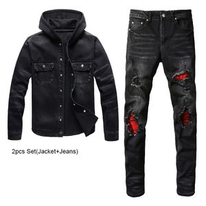 2023 Trailtsuits Punk Street Siyah Pantolon Setleri Erkekler için Bahar Kapşonlu Denim Ceket ve Yırtık Yama streç kot pantolonlar Vintage 2pcs Erkek Giyim