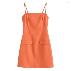 Sıradan elbiseler cos lris bahar kadın moda all-mwch turuncu cep askı kare yakalı bel mini elbise 22323