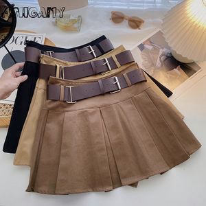 Skirts Ashgaily A-line Skirts with Belt Women y2k High Waist Short Skirt Buttons Skirt Female Clothing Female All-match 230313