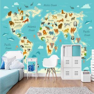 Обои мультфильм рука, нарисованная вокруг мировой карты животных, стена бумага 3d детская комната домашний декор роспись обои для детских стен