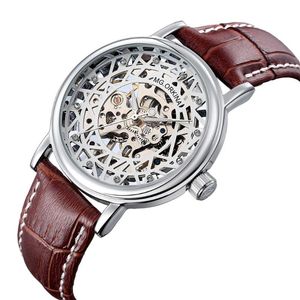 Bilek saatleri mg003 ince saat erkekler özel tasarım şeffaf iskelet saatleri mekanik el rüzgar saatleri deri kayış adamı