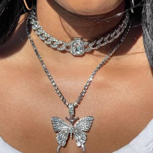 Colares pendentes Stonefans Out 2 peças Chain cubana Rhinestone Colar Butterfly Set Hip Hop Crystal Chunky Beach Jewelry Gift