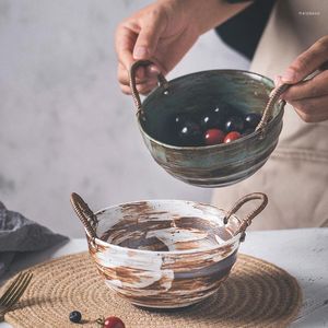 Миски уникальная японская винтажная керамическая миска ручной работы с веревкой персонализированной закусочной салат из салат суп хлеб кухонный заклинание