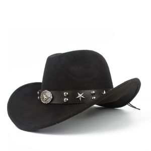 Berets Women Мужские шерсть Hollow Western Cowboy Hat Roll-Up Brim Gentleman Outblack Sombrero Hombre Jazz Cap Leateer Beltberets