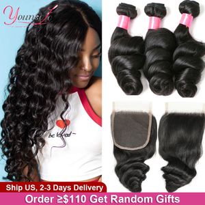 Hair pieces Younsolo Human Loose Wave Bundles With Closure Brazilian Remy 3 Swiss Lace Natural Black 230314