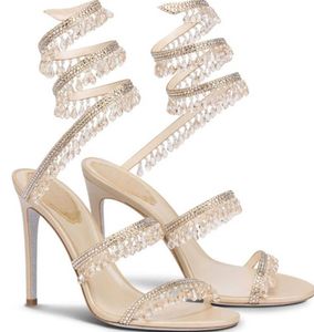 Sandalet R Caovilla gelinlik sandalet kadın yüksek topuklu ayakkabılar Romantik bayan AVİZE çıplak Stiletto takı sandalet ayak bileği kayışı Elmas ekler