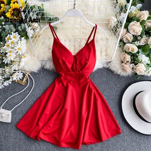 Casual Dresses Women Aline Sexy Dress VNeck Spaghetti Strap Backless Mini Dresses Soild Color Vestidos Slim Trend High Waist For Party 230313