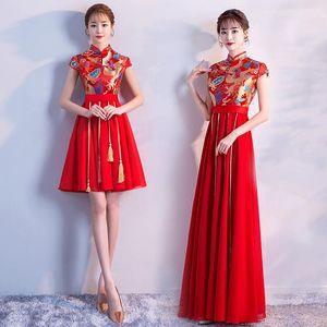 Etnik Giyim Saten Elbise Cheongsam Kırmızı Gelin Evlenmek Vintage Elbisesi Qi Pao Kadınlar Çin Tang Takım Elbise Elbiseler Qipao Robe Orientale