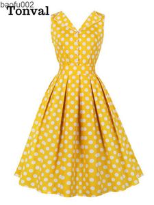 Sıradan Elbiseler Tonval Polka Dot 50s Pinup Cobe Femme Düğmesi Ön Uzun Elbise Kadınlar İçin Zarif Yüksek Bel Kesikli Vintage Piled Mier Elbiseler W0315