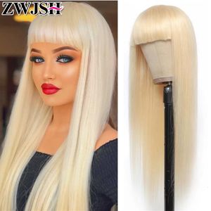 Кружевные парики Remy Human Hair 613 Honey Blonde Wig с челкой для женщин длинная прямая полная машина, сделанная безрассудной бахромой 30 -дюймовой Zwjsh 230314