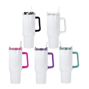 US Warehouse de 40 onças de sublimação White Todbler com maçaneta colorida palha de palha de aço inoxidável caneca garrafa de água isolada de vácuo Copo de acampamento ao ar livre 20pcs/estojo