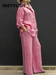 Kadın İki Parça Pantolon Sonbahar Keten Yaka Gömlek Adet Set Vintage Katı Uzun Kollu Düğme Bluz ve Gevşek Düz Pantolon Rahat Takım Elbise 230314