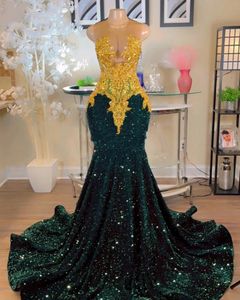 Sparkly Dark Green Mermaid Prom Dresses For Arabic Women 2023 With Gold Applique Party Gowns Long Evening Dress Vestidos De Graduacion