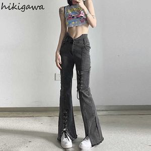 Women's Jeans Korean Y2k Jeans Woman High Waist Lace Up Split Irregular Flare Pants Fashion Slim Fit Trousers Vintage Harajuku Pantn Femme L230316