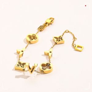Новые модные классические браслеты для женщин браслет с буквами из 18-каратного золота с покрытием из нержавеющей стали хрустальные цветочные бусины подарок для влюбленных браслет-манжета-цепочка дизайнерские ювелирные изделия
