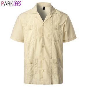 Camisetas de homens colarinho cubano Tradicional Guayabera Manga curta Bordada Bordada México Caribe Praia com 4 bolso 230317