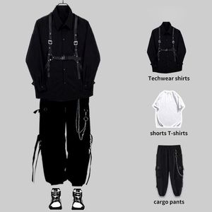 Erkek Trailsits Houzhou Techwear Pant Setleri Erkekler Punk 3 Parça Kıyafetler Siyah Kargo Pantolon Uzun Kollu Gömlek Kore Sokak Giyim Hip Hop Bahar 230317
