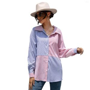 Kadın Tişörtleri 2023 Sonbahar ve Kış Stripe Renk Kontrast Ekleme Bluz Mavi Pembe Üstler Kadınlar için