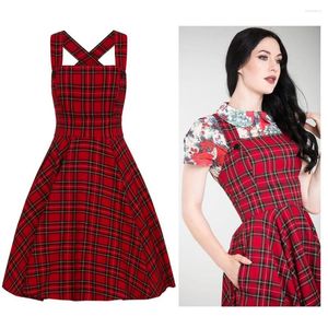 Abiti casual 30- Inverno Donna Vintage anni '40 Peebles Pinafore Tartan Dress In Red Rockabilly Pinup Brace Swing Plus Size Vestidos